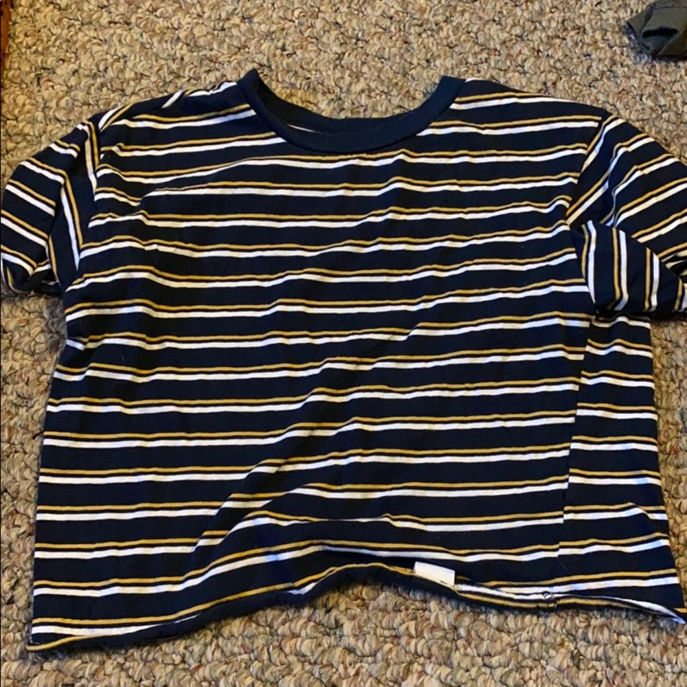 Blue, yellow and white striped short sleeve shirt